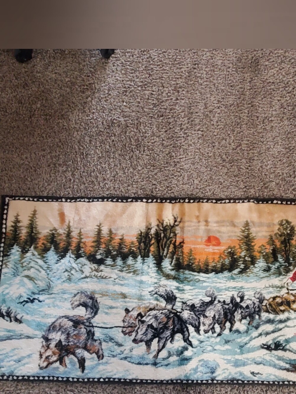 VINTAGE ITALIAN WOVEN PLUSH VELVET DOG SLED WINTER TAPESTRY WINTER MUSHING.